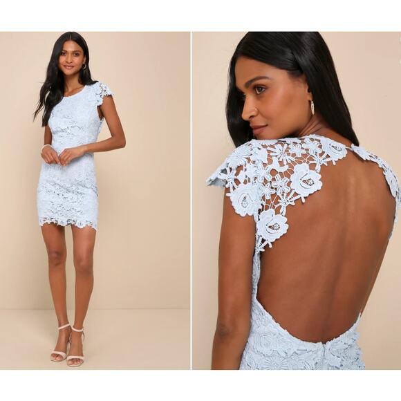 Lulus Size XS	Romance Language Light Blue Backless Lace Dress Bodycon Mini - Picture 1 of 13